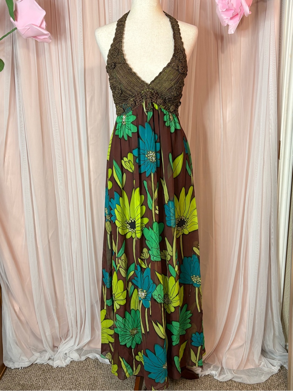 Vintage Y2K Sue Wong Silk Crochet Floral Halter Maxi Dress 6